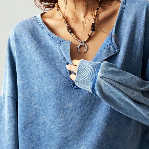 Blue Casual Women's V-Neck Long Sleeve Loose Pullover Sweatshirt - Picture 8 of 8